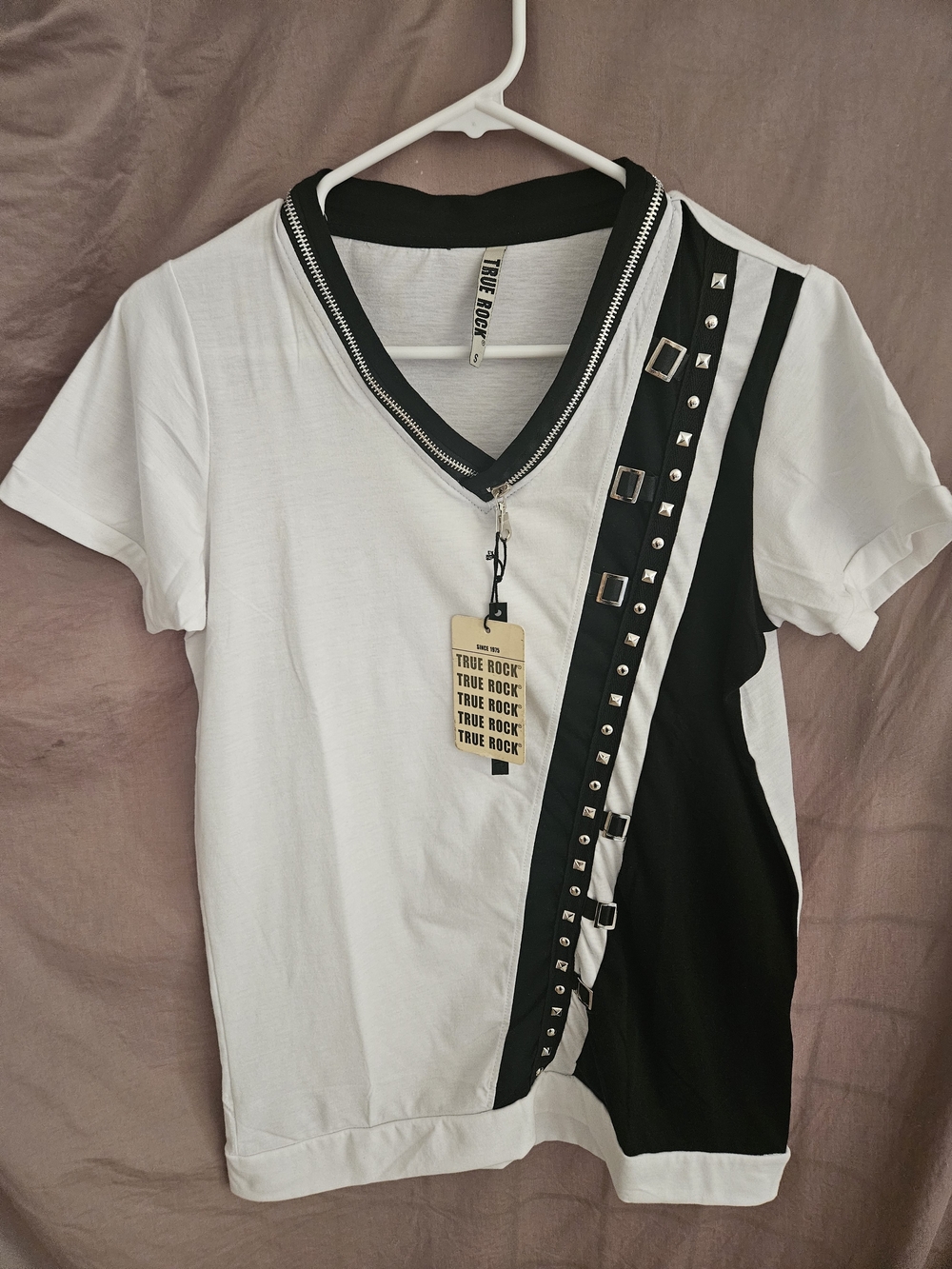 TRUE ROCK White and Black V-Neck Studded Zip-Trim Tee